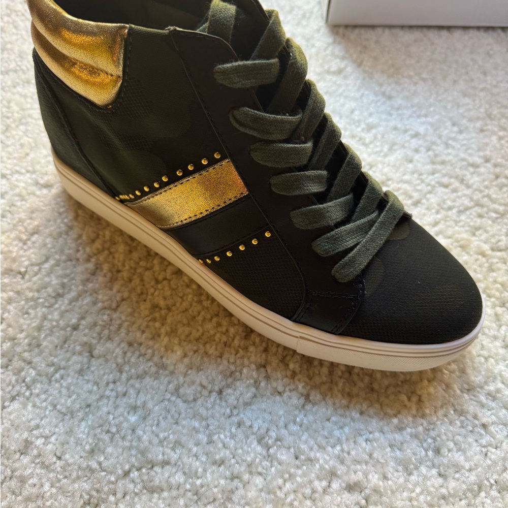 Steve Madden green/camo and Gold High-Top Wedge Sneakers (Gusty Wedge Sneaker)